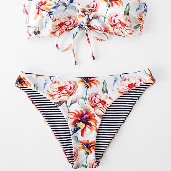 Floral And Striped Reversible Bikini - Picture 2 of 5